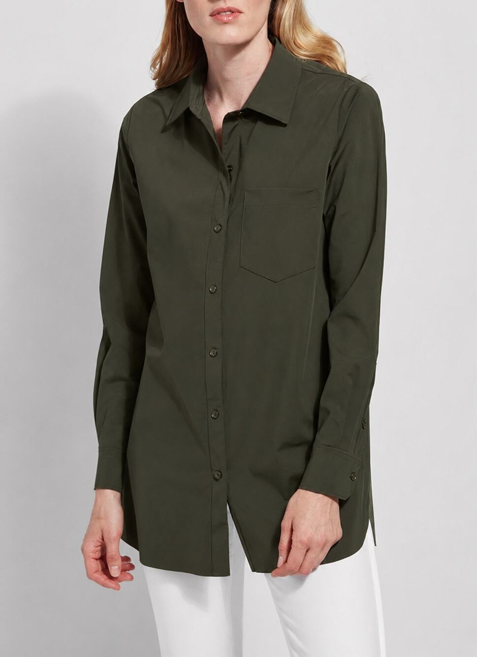 LYSSE Schiffer Button Down Shirt Olive Green Microfiber Stretch Tunic NWT | XL